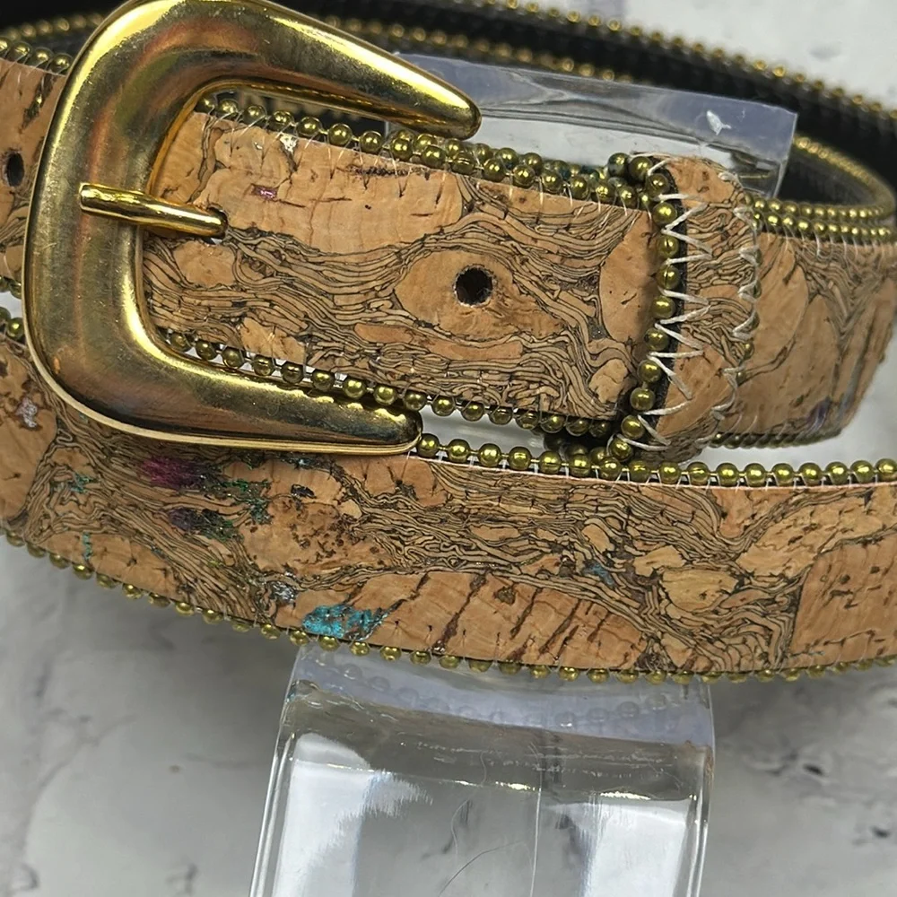 Absolutely Fresh Vintage Bonded Leather Belt Cork Print Metallic Flecks Beaded